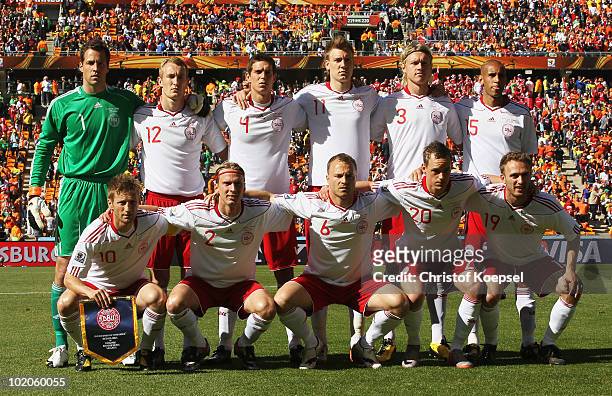 The Denmark team line up ahead of the 2010 FIFA World Cup Group E match between Netherlands and Denmark at Soccer City Stadium on June 14, 2010 in...