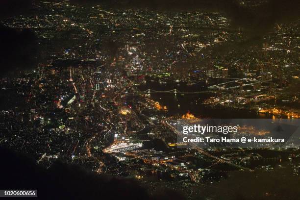 tokyo bay area and cityscape in japan night time aerial view from airplane - tokyo international airport stock pictures, royalty-free photos & images