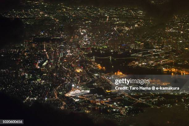 tokyo bay area and cityscape in japan night time aerial view from airplane - haneda tokyo bildbanksfoton och bilder