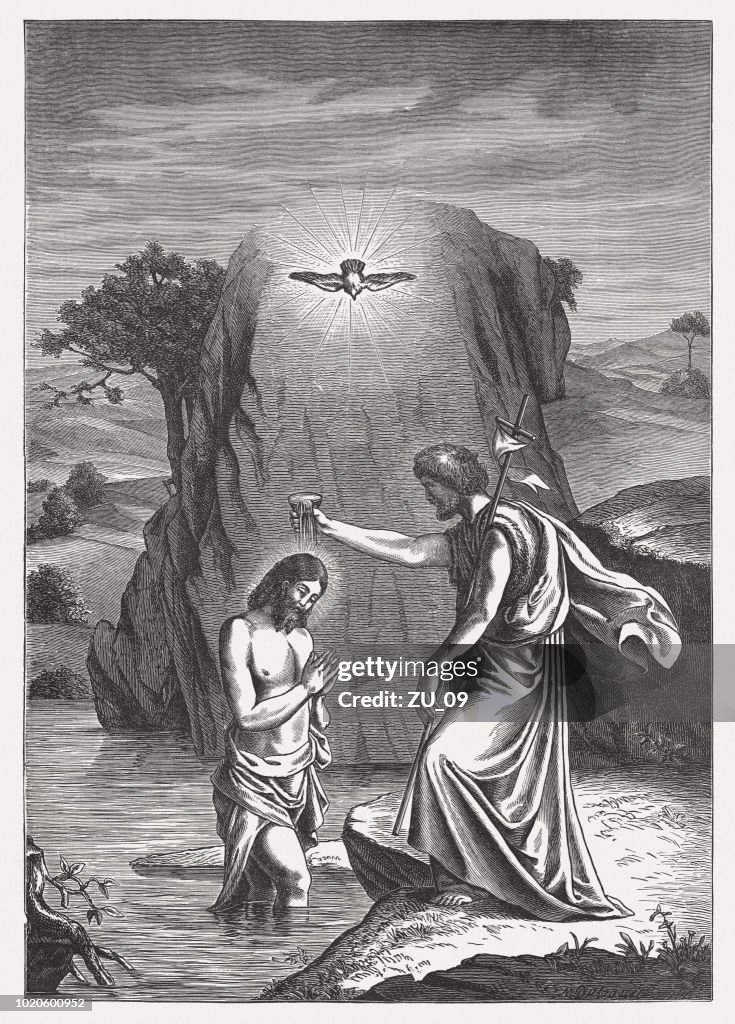 John the Baptist baptizing Jesus, wood engraving, published in 1888