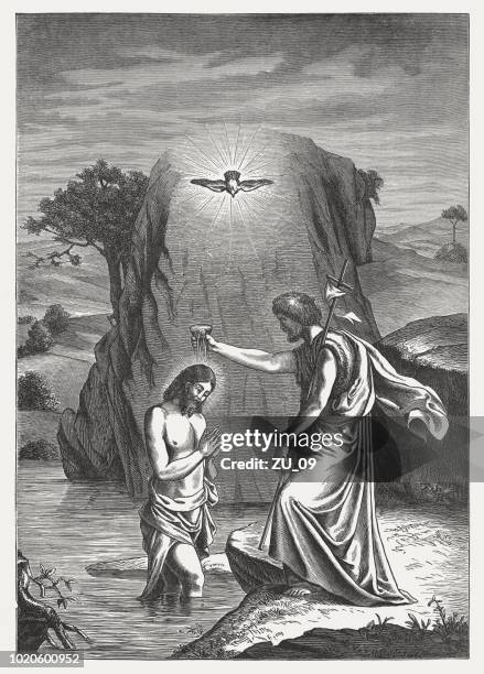 john the baptist baptizing jesus, wood engraving, published in 1888 - baptism stock illustrations