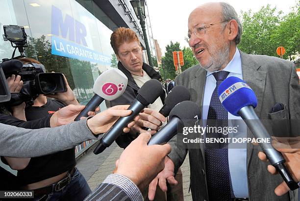 Louis Michel answers to journalists during a special bureau meeting of French-speaking liberal party Mouvement Reformateur , on June 14, 2010 in...