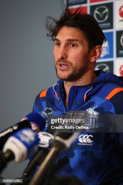 Jarrad Waite of the North Melbourne Kangaroos speaks to the media during a press conference at Arden Street Ground on August 21, 2018 in Melbourne,...