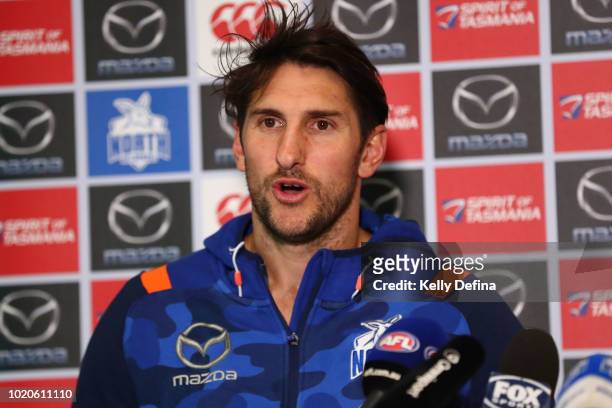 Jarrad Waite of the North Melbourne Kangaroos speaks to the media during a press conference at Arden Street Ground on August 21, 2018 in Melbourne,...