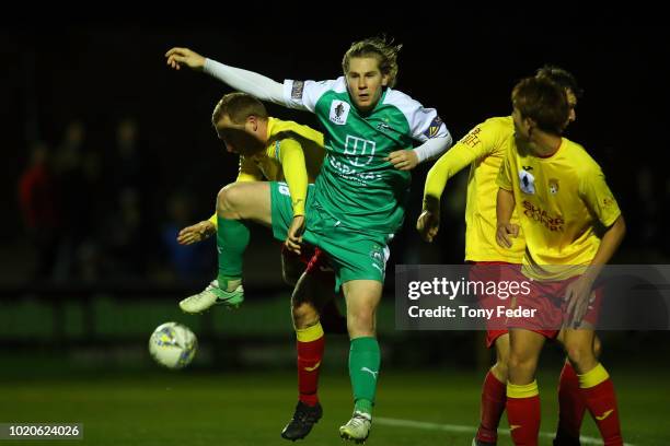 Matthew Thurtell of Bentleigh contests the ball during the FFA Cup round of 16 match between Broadmeadow Magic and Bentleigh Greens at Magic Park on...