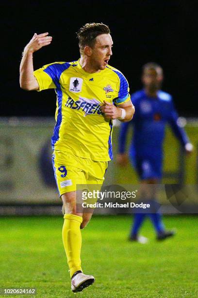 Brayden MANN of Devonport celebrates a goal during the FFA Cup round of 16 match between Avondale FC and Devonport Strikers at ABD Stadium on August...