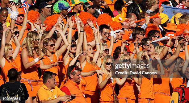 Dutch fans celebrate during the 2010 FIFA World Cup Group E match between Netherlands and Denmark at Soccer City Stadium on June 14, 2010 in...