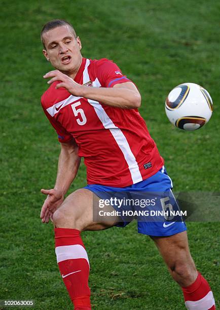 Serbia's defender Nemanja Vidic controls a ball during the Group D first round 2010 World Cup football match Serbia vs Ghana on June 13, 2010 at...