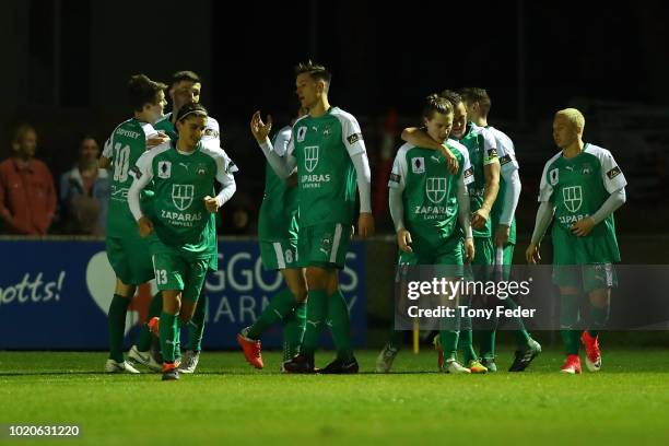 Bentleigh players celebrate a goal during the FFA Cup round of 16 match between Broadmeadow Magic and Bentleigh Greens at Magic Park on August 21,...