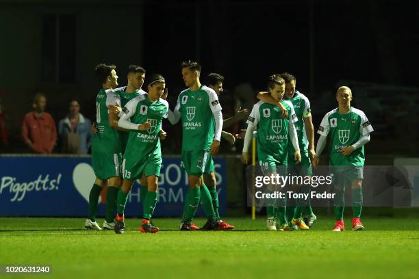 Bentleigh players celebrate a goal during the FFA Cup round of 16 match between Broadmeadow Magic and Bentleigh Greens at Magic Park on August 21,...