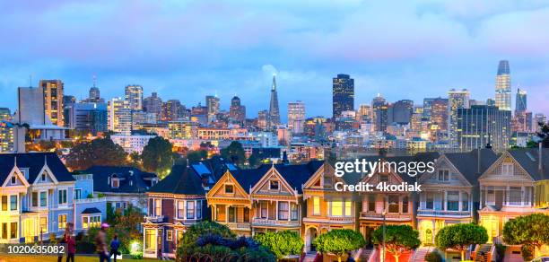 painted ladies houses in san francisco in the evening hour panorama - área da baía de san francisco imagens e fotografias de stock