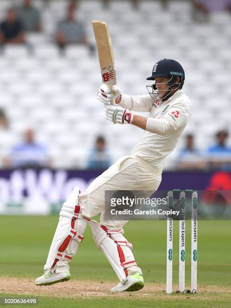 England captain Joe Root bats during day four of the Specsavers 3rd Test match between England and India at Trent Bridge on August 21, 2018 in...
