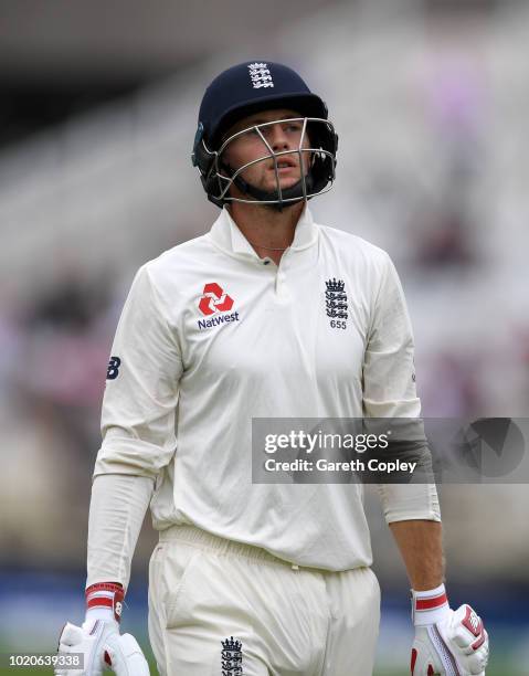 England captain Joe Root leaves the field after being dismissed by Jasprit Bumrah of India during day four of the Specsavers 3rd Test match between...