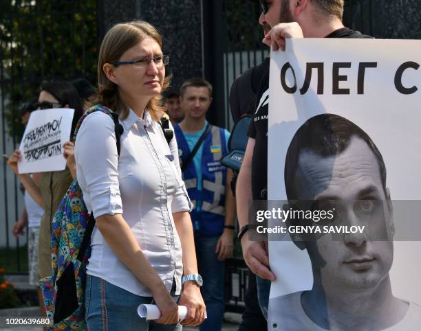 Ukrainian film-maker Oleg Sentsov's cousin Natalya Kaplan takes part in a rally in front of Russia embassy with an appeal to free Ukrainian film...