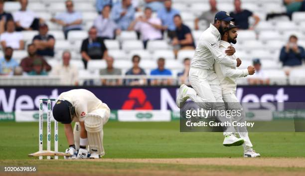 Ollie Pope of England reacts after being caught out Virat Kohli of India during day four of the Specsavers 3rd Test match between England and India...