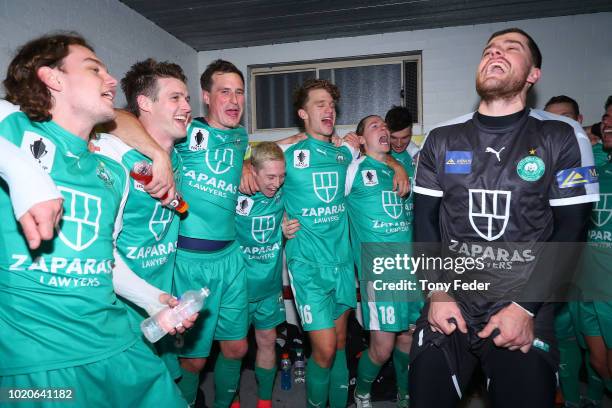 Bentleigh players celebrate the win over Broadmeadow during the FFA Cup round of 16 match between Broadmeadow Magic and Bentleigh Greens at Magic...