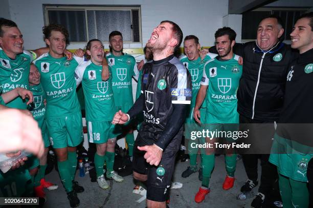 Bentleigh players celebrate the win over Broadmeadow during the FFA Cup round of 16 match between Broadmeadow Magic and Bentleigh Greens at Magic...