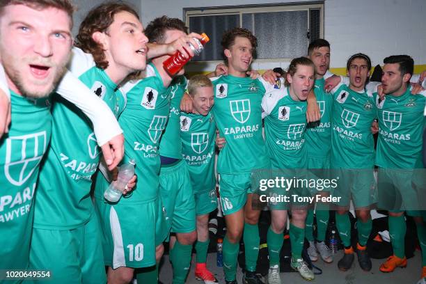 Bentleigh players celebrate the win over Broadmeadow during the FFA Cup round of 16 match between Broadmeadow Magic and Bentleigh Greens at Magic...