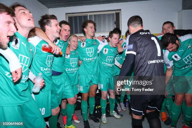 Bentleigh players celebrate the win over Broadmeadow during the FFA Cup round of 16 match between Broadmeadow Magic and Bentleigh Greens at Magic...