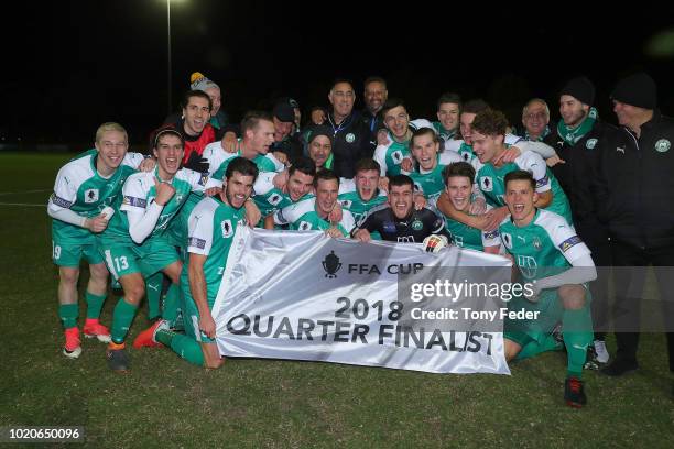 Bentleigh players celebrate the win over Broadmeadow during the FFA Cup round of 16 match between Broadmeadow Magic and Bentleigh Greens at Magic...