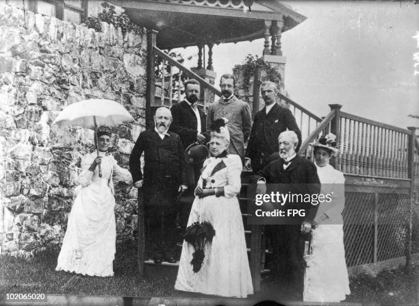 President Benjamin Harrison stays at the summer home of Senator James G. Blaine at Bar Harbor in Maine, 1889. President Harrison is at the left,...