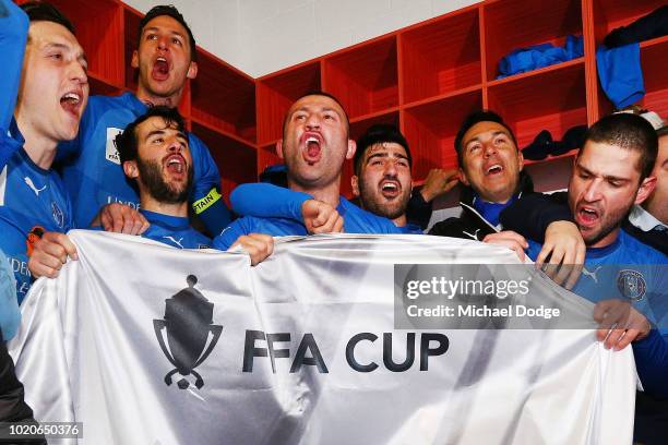 Ramazan TAVSANCIOGLU of Avondale and teammates celebrate the win during the FFA Cup round of 16 match between Avondale FC and Devonport Strikers at...