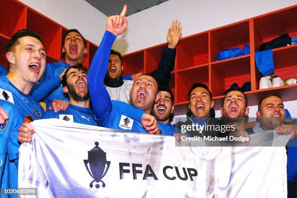 Ramazan TAVSANCIOGLU of Avondale and teammates celebrate the win during the FFA Cup round of 16 match between Avondale FC and Devonport Strikers at...