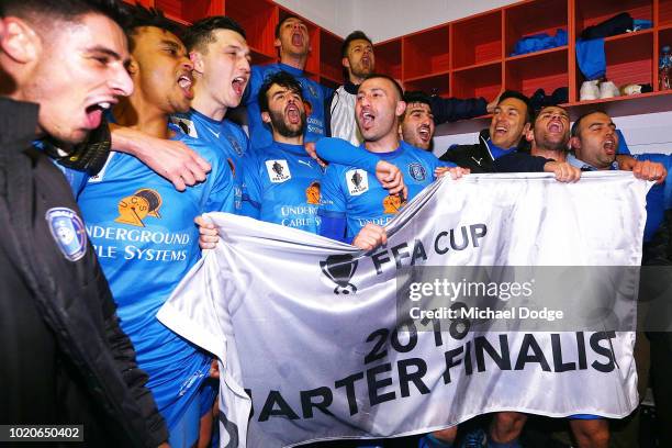 Ramazan TAVSANCIOGLU of Avondale and teammates celebrate the win during the FFA Cup round of 16 match between Avondale FC and Devonport Strikers at...