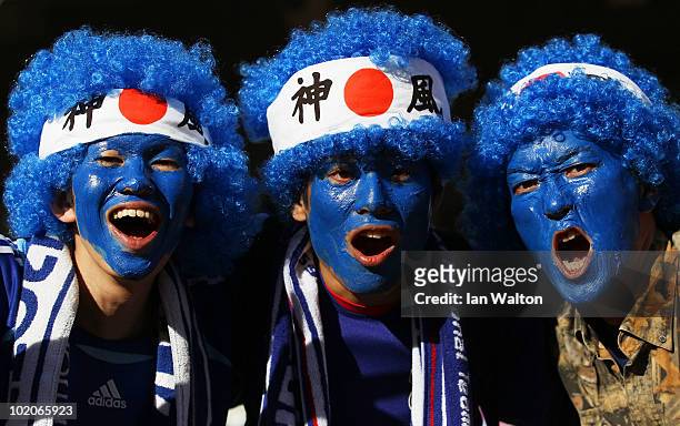 Japan fans enjoy the atmosphere ahead of the 2010 FIFA World Cup South Africa Group E match between Japan and Cameroon at the Free State Stadium on...