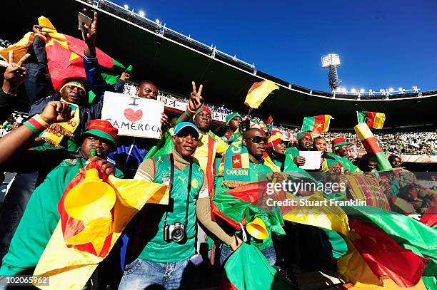 Cameroon fans enjoy the atmosphere during the 2010 FIFA World Cup South Africa Group E match between Japan and Cameroon at the Free State Stadium on...