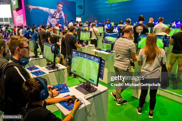 Visitors try Fifa 19 video game at 2018 gamescom fair press day on August 21, 2018 in Cologne, Germany. Gamescom is Europe's biggest trade fair for...