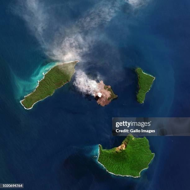 The Indonesian volcano, Anak Krakatau is surrounded by a small group of islands and located in the Sunda Strait between Java and Sumatra.