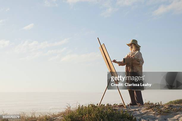 mature woman painting in landscape - painter artist fotografías e imágenes de stock