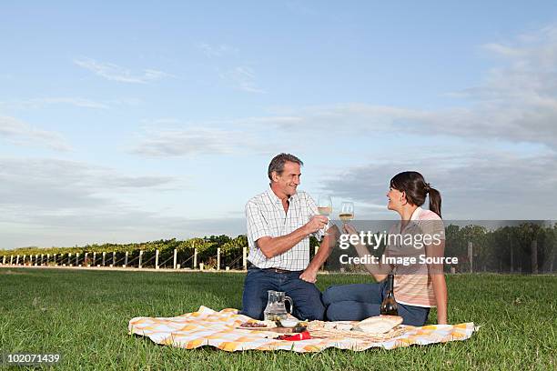 couple having picnic in vineyard - argentina wine stock pictures, royalty-free photos & images