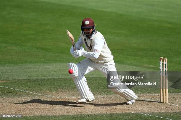 Ryan Patel of Surrey bats during day three of the Specsavers County Championship Division One match between Surrey and Lancashire at The Kia Oval on...