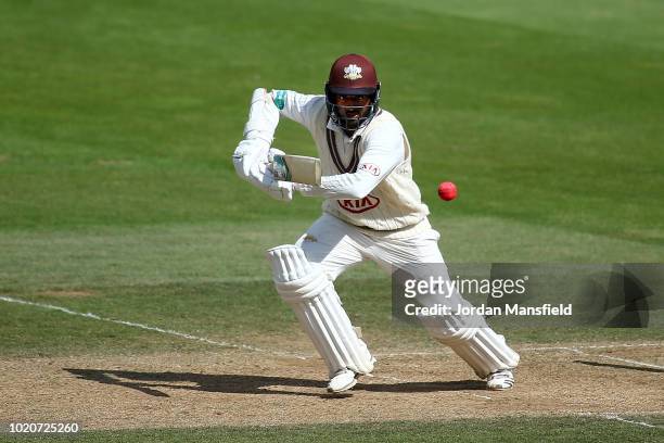 Ryan Patel of Surrey bats during day three of the Specsavers County Championship Division One match between Surrey and Lancashire at The Kia Oval on...