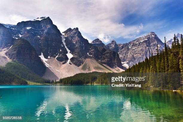 lake moraine in banff national park of canada - seven sisters cliffs stock pictures, royalty-free photos & images