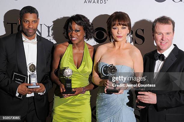 Denzel Washington, Viola Davis, Catherine Zeta-Jones and Douglas Hodge pose with their awards at the 64th Annual Tony Awards at The Sports Club/LA on...