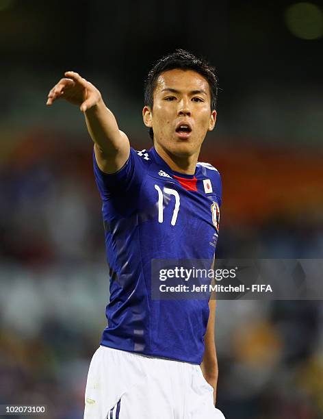 Makoto Hasebe of Japan gestures during the 2010 FIFA World Cup South Africa Group E match between Japan and Cameroon at the Free State Stadium on...