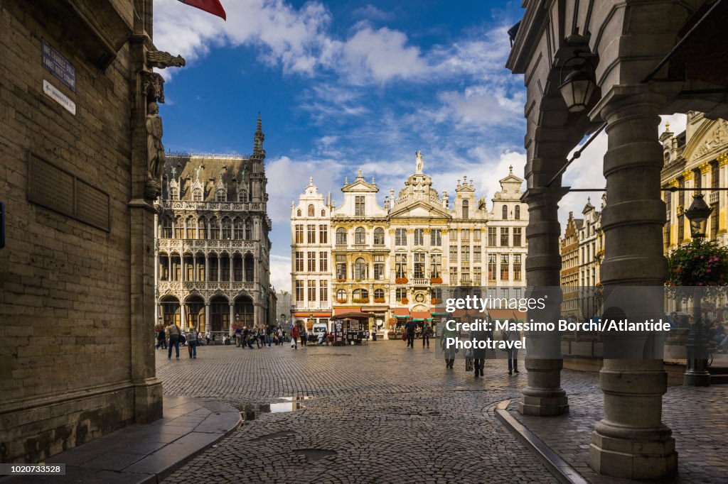 View of the historical buildings of the Grand Place from Rue (street) Charles Buls