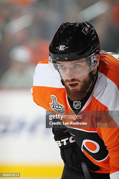 Ville Leino of the Philadelphia Flyers looks on prior to a face-off against the Chicago Blackhawks in Game Six of the 2010 NHL Stanley Cup Final at...