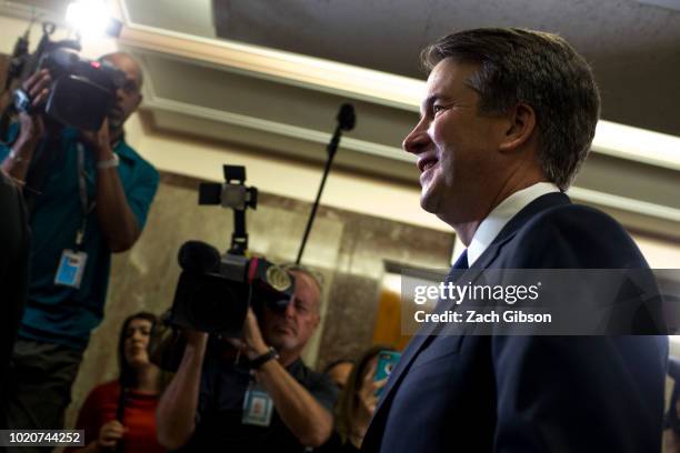 Supreme Court Nominee Brett Kavanaugh walks to a meeting with Sen. Susan Collins in her office on Capitol Hill on August 21, 2018 in Washington, DC....