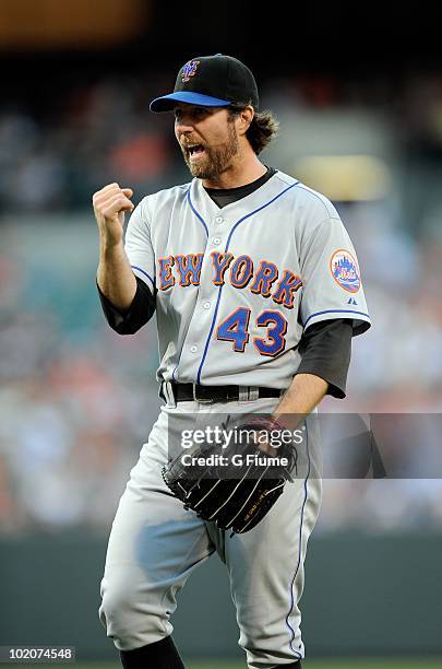 Dickey of the New York Mets celebrates a strike out against the Baltimore Orioles at Camden Yards on June 11, 2010 in Baltimore, Maryland.