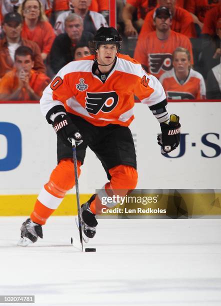 Chris Pronger of the Philadelphia Flyers skates with the puck against the Chicago Blackhawks in Game Six of the 2010 NHL Stanley Cup Final at the...