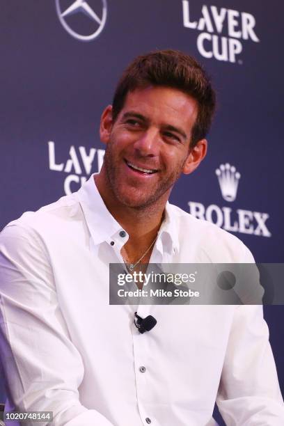 Juan Martin del Potro speak to the media during the Laver Cup Team Announcement at JP Morgan Chase on August 21, 2018 in New York City.