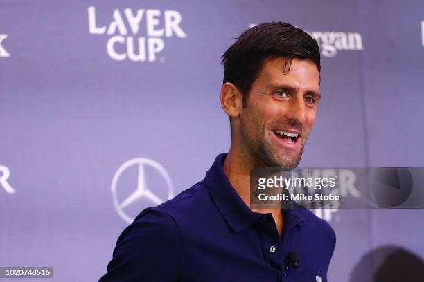 Novak Djokovic of Serbia speak to the media during the Laver Cup Team Announcement at JP Morgan Chase on August 21, 2018 in New York City.