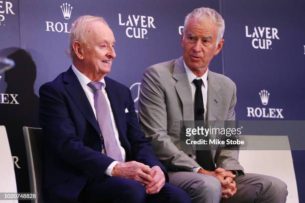 John McEnroe and Rob Laver speak to the media during the Laver Cup Team Announcement at JP Morgan Chase on August 21, 2018 in New York City.