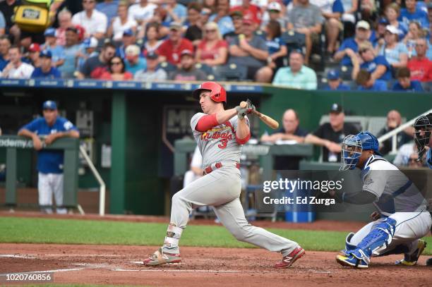 Jedd Gyorko of the St. Louis Cardinals hits against the Kansas City Royals at Kauffman Stadium on August 11, 2018 in Kansas City, Missouri.