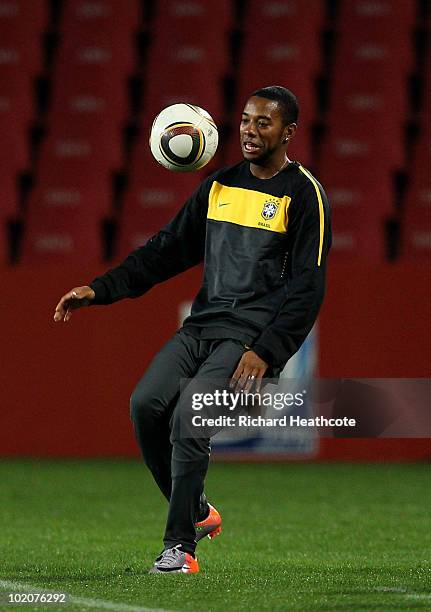 Robinho in action during the Brazil training session at Ellis Park on June 14, 2010 in Johannesburg, South Africa. Brazil will play their opening...