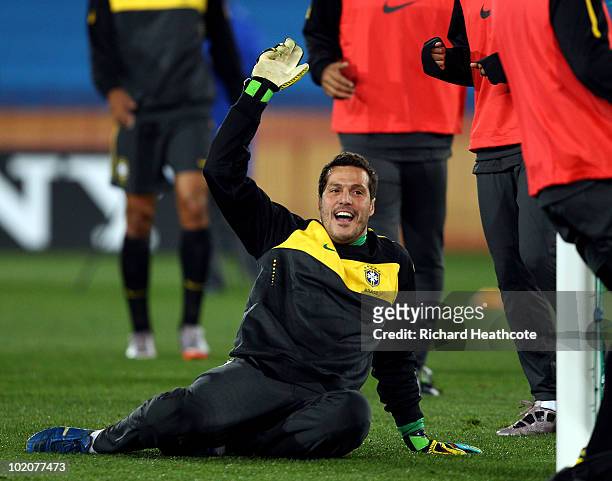 Goalkeeper Julio Cesar in action during the Brazil training session at Ellis Park on June 14, 2010 in Johannesburg, South Africa. Brazil will play...